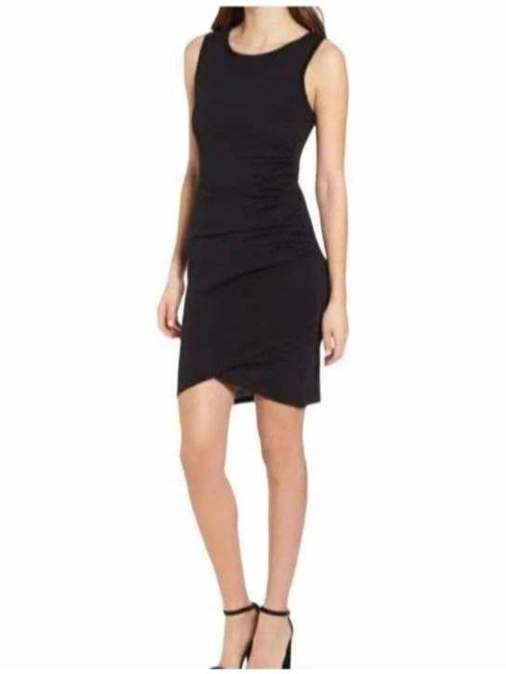 Leith Bodycon Sleeveless Crew Neck Dress Asymmetrical Ruched Black XSmall